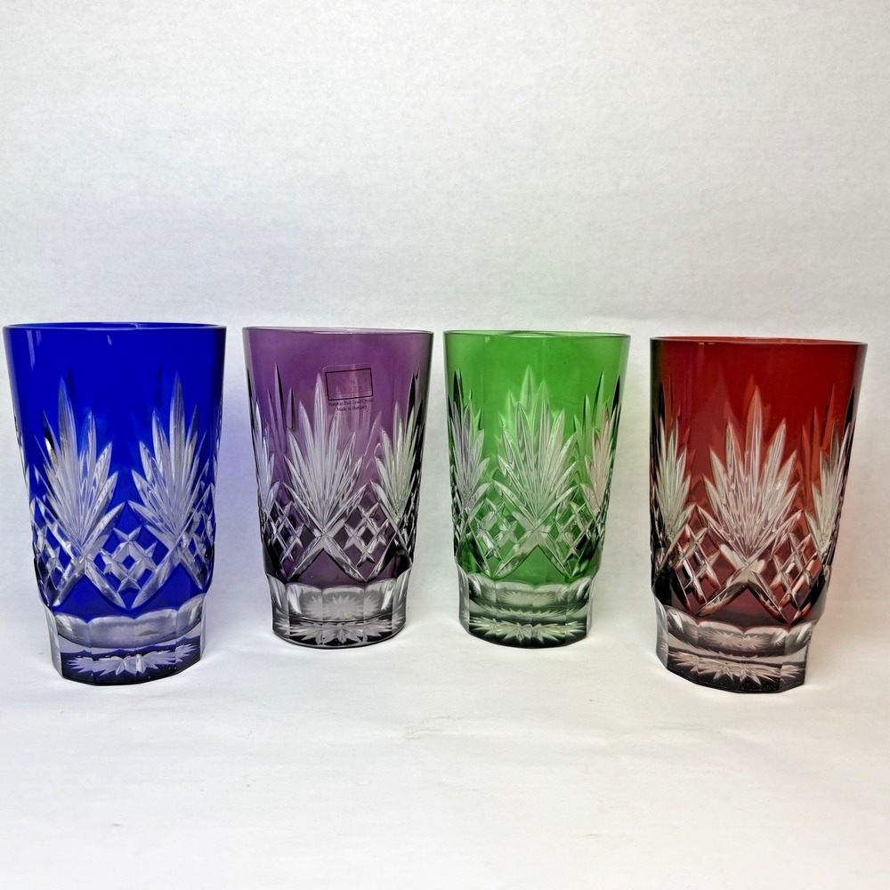 4 Ajka Caroline Glass Tumblers Emerald Cobalt Ruby Amethyst Cut to Clear 5"
